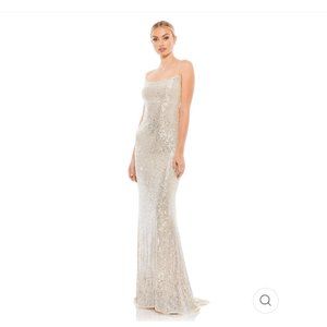 STRETCH SEQUIN LACE UP BACK EVENING GOWN